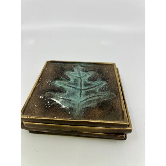 Vintage Heavy Set of 4 Coasters Metal Leaves Gold and Teal Blue - Picture 6 of 6